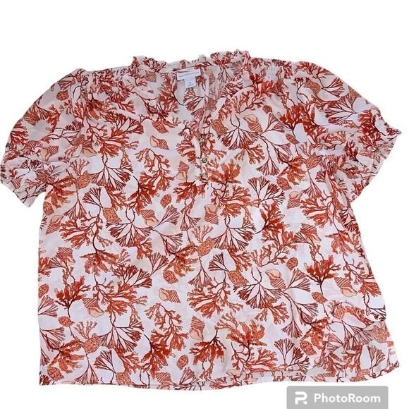 Liz Claiborne Coral Reef Women’s White Coral V Neck Short Sleeve Blouse sz PL - Picture 1 of 8